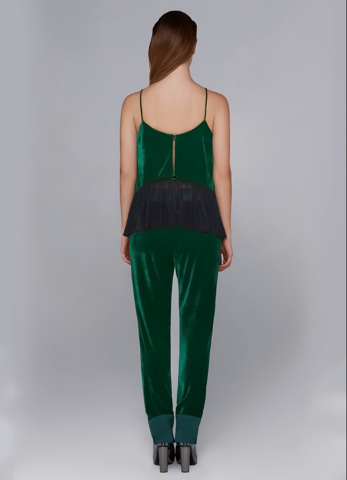 GREEN LACE-TRIMMED STRETCH VELVET CAMISOLE
